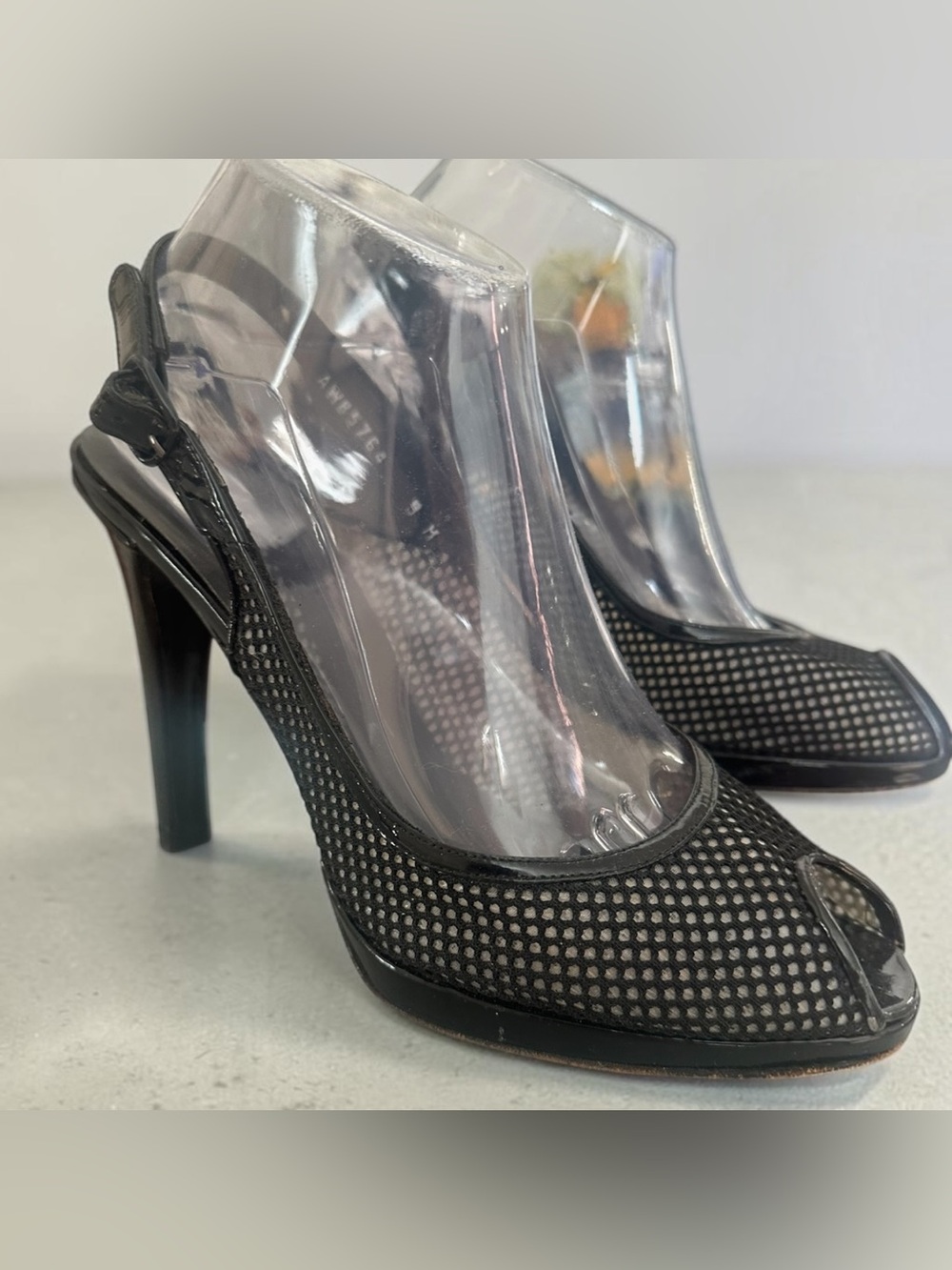 Stuart Weitzman Black Mesh Peep-Toe Slingback Stiletto Size 9